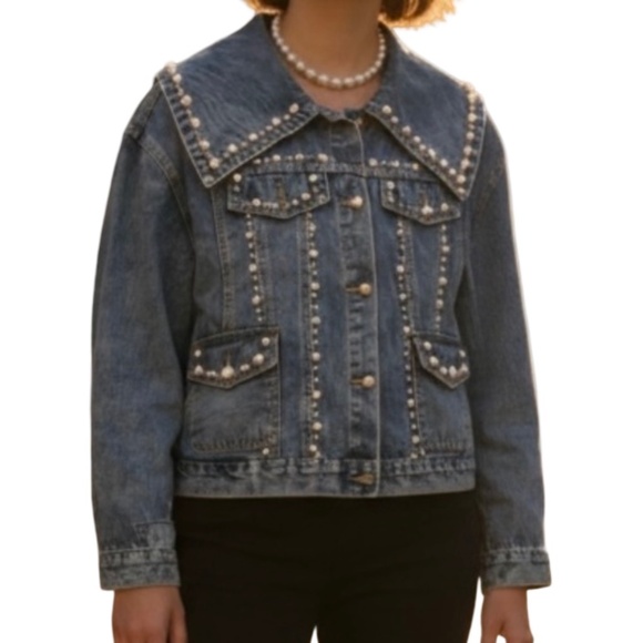 Jackets & Blazers - #A002   Pearl Embellished Denim Jacket – Size L – New without Tag